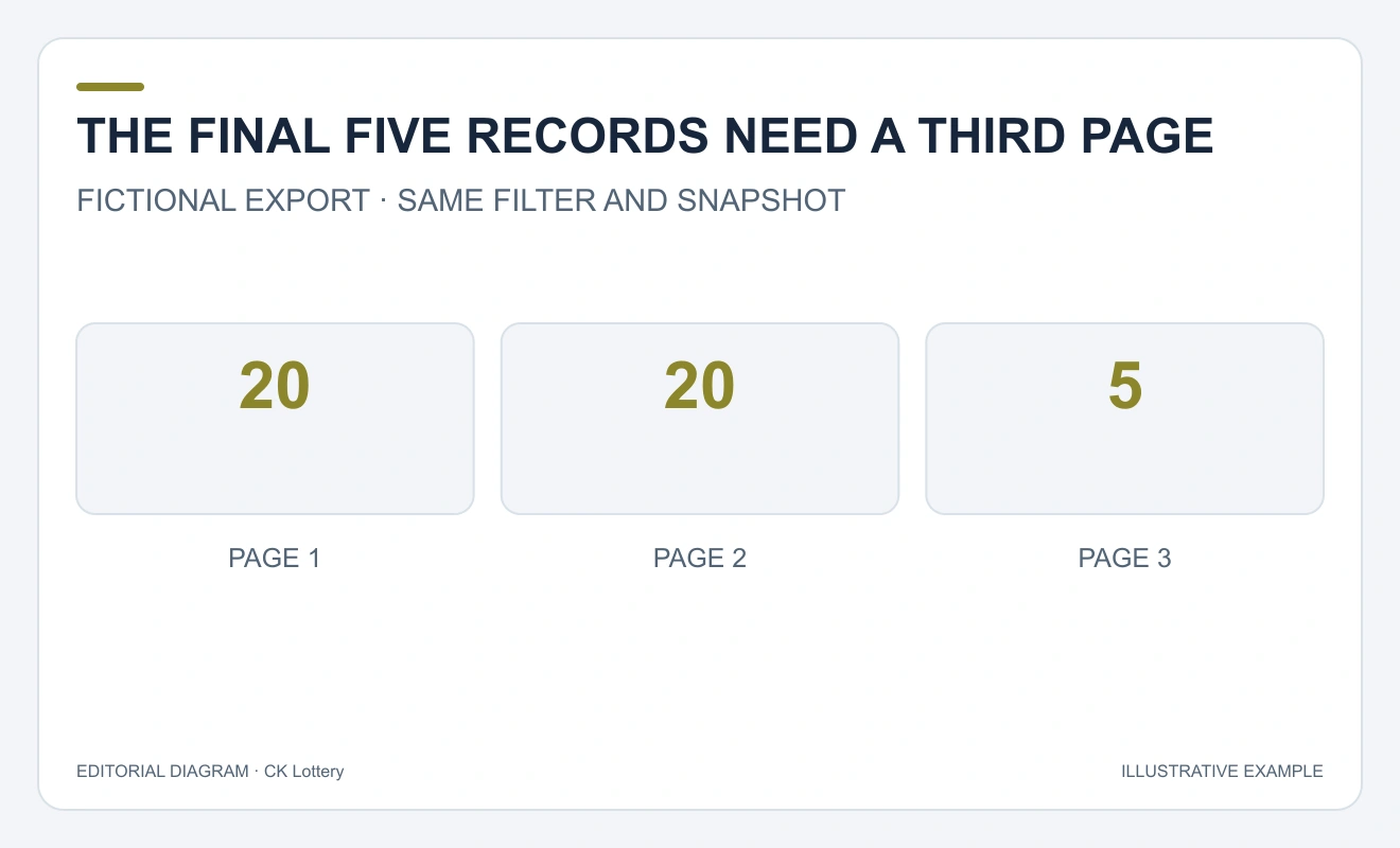 Three page panels contain20,20 and5 data records, totaling45.