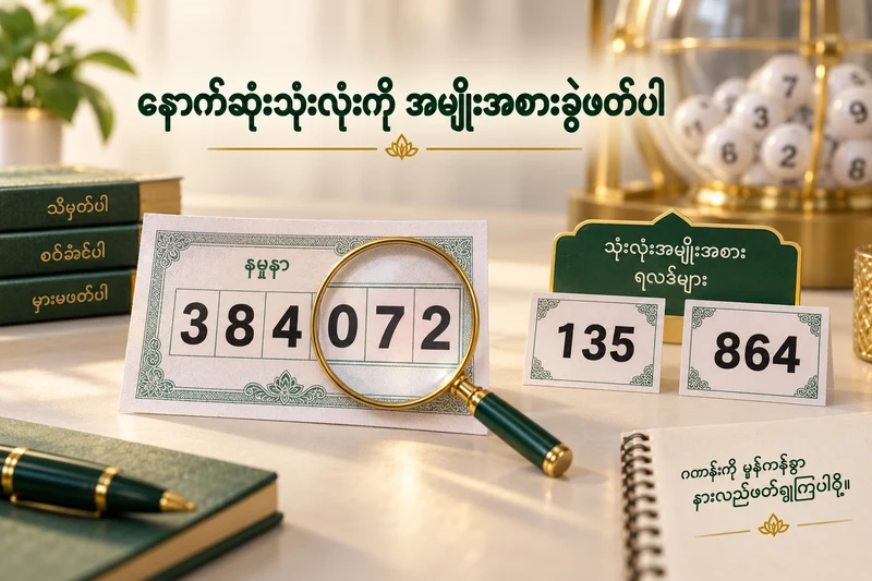 384072 စိတ်ကူးထီစာရွက်၏072ကိုမှန်ဘီလူးဖြင့်ကြည့်ပြီး135နှင့်864ကတ်များကိုသီးခြားထားသောပုံ