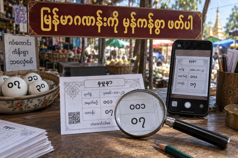 ၀၇ နှင့် ၀၀၁ ဟုရေးထားသော စိတ်ကူးထီလက်မှတ်ကို မှန်ဘီလူးဖြင့် ဖတ်ခြင်း